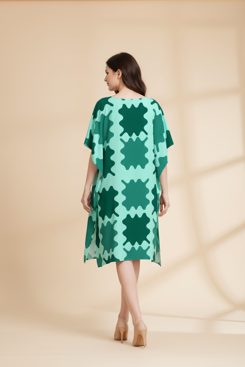 Snuggle Spot Green Cyan Geometric Pattern Women’s Satin Kaftan Dress | Abstract Printed Free Size Kaftan (M–3XL) | Lightweight Breathable Lounge Wear | Stylish V-Neck Maxi Kaftan