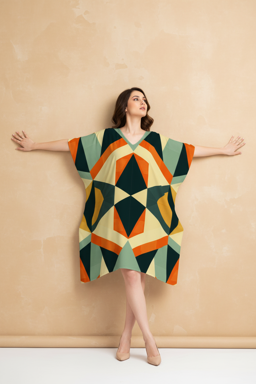 Snuggle Spot Geometric Abstract Pattern Women’s Satin Kaftan Dress | Abstract Printed Free Size Kaftan (M–3XL) | Lightweight Breathable Lounge Wear | Stylish V-Neck Maxi Kaftan