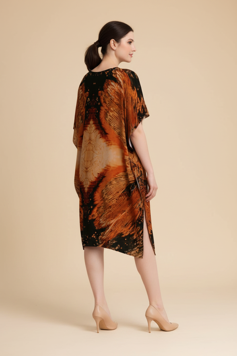 Snuggle Spot Black Orange Abstract Pattern Women’s Satin Kaftan Dress | Abstract Printed Free Size Kaftan (M–3XL) | Lightweight Breathable Lounge Wear | Stylish V-Neck Maxi Kaftan