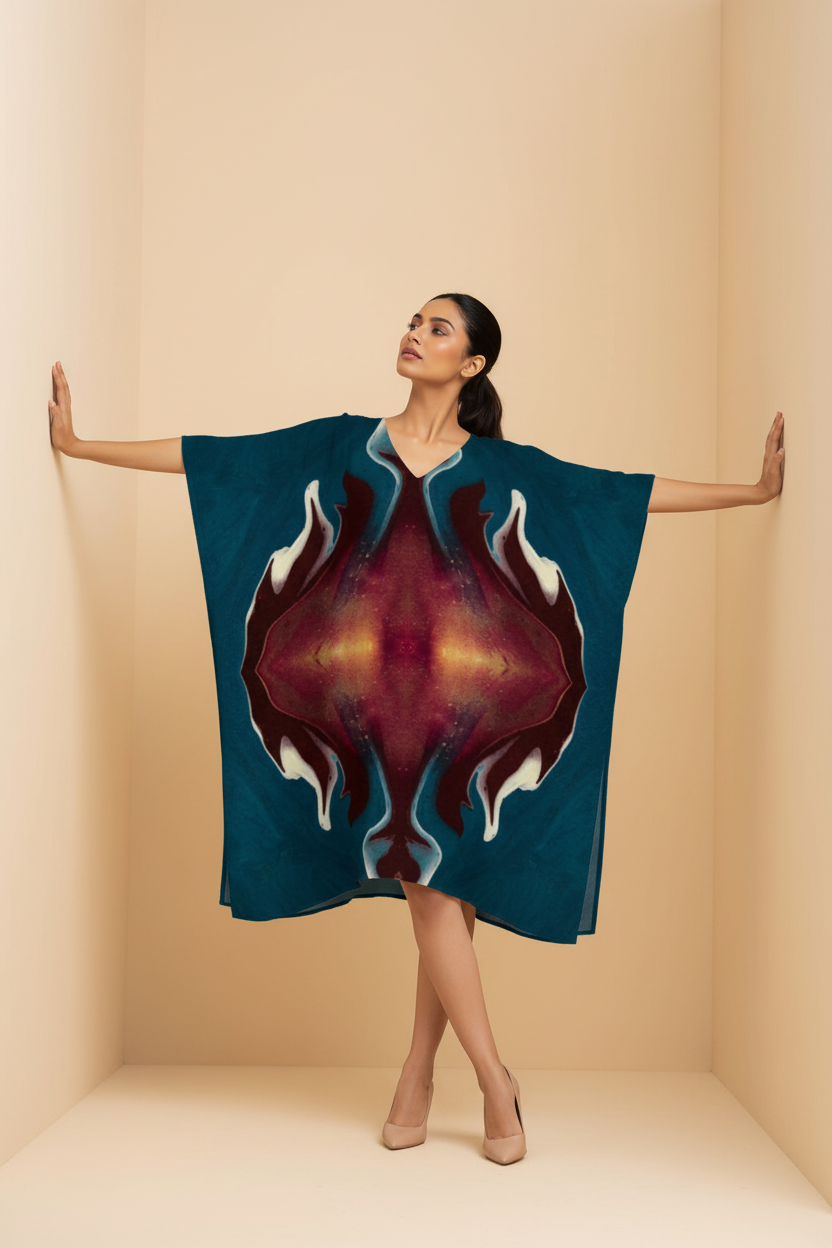 Snuggle Spot Blue Maroon Abstract Pattern Women’s Satin Kaftan Dress | Abstract Printed Free Size Kaftan (M–3XL) | Lightweight Breathable Lounge Wear | Stylish V-Neck Maxi Kaftan
