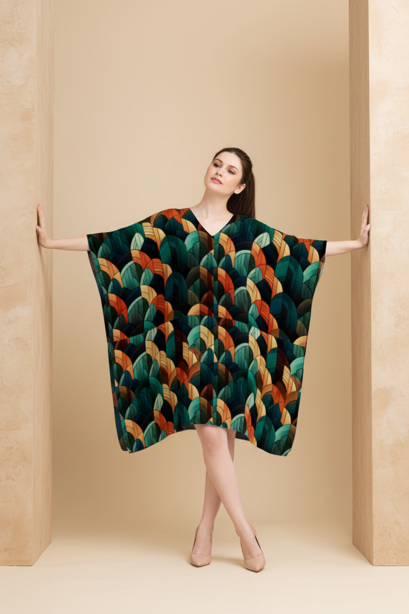 Snuggle Spot Leafy Abstract Pattern Women’s Satin Kaftan Dress | Abstract Printed Free Size Kaftan (M–3XL) | Lightweight Breathable Lounge Wear | Stylish V-Neck Maxi Kaftan