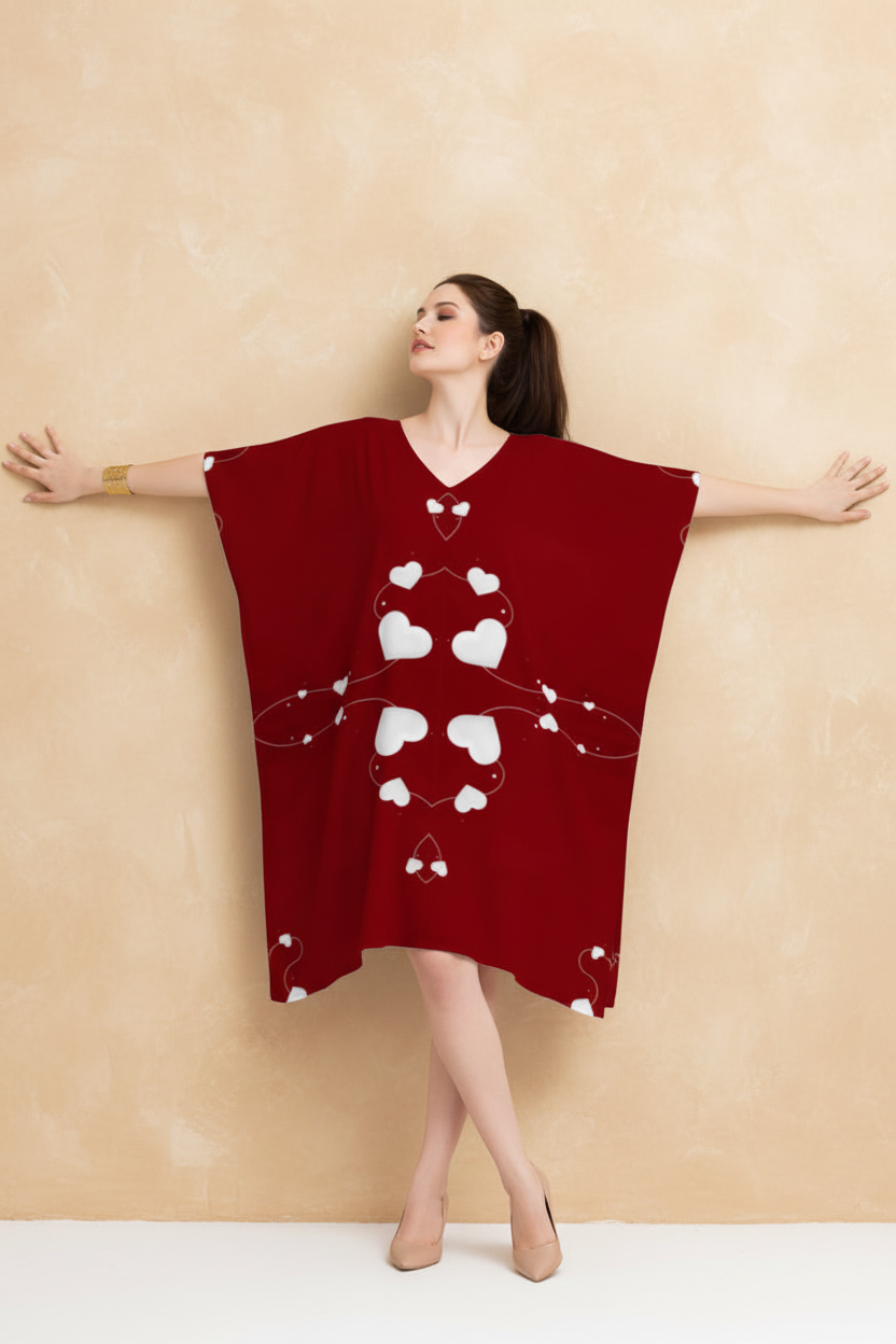 Snuggle Spot Red Floral Leafy Pattern Women’s Satin Kaftan Dress | Abstract Printed Free Size Kaftan (M–3XL) | Lightweight Breathable Lounge Wear | Stylish V-Neck Maxi Kaftan