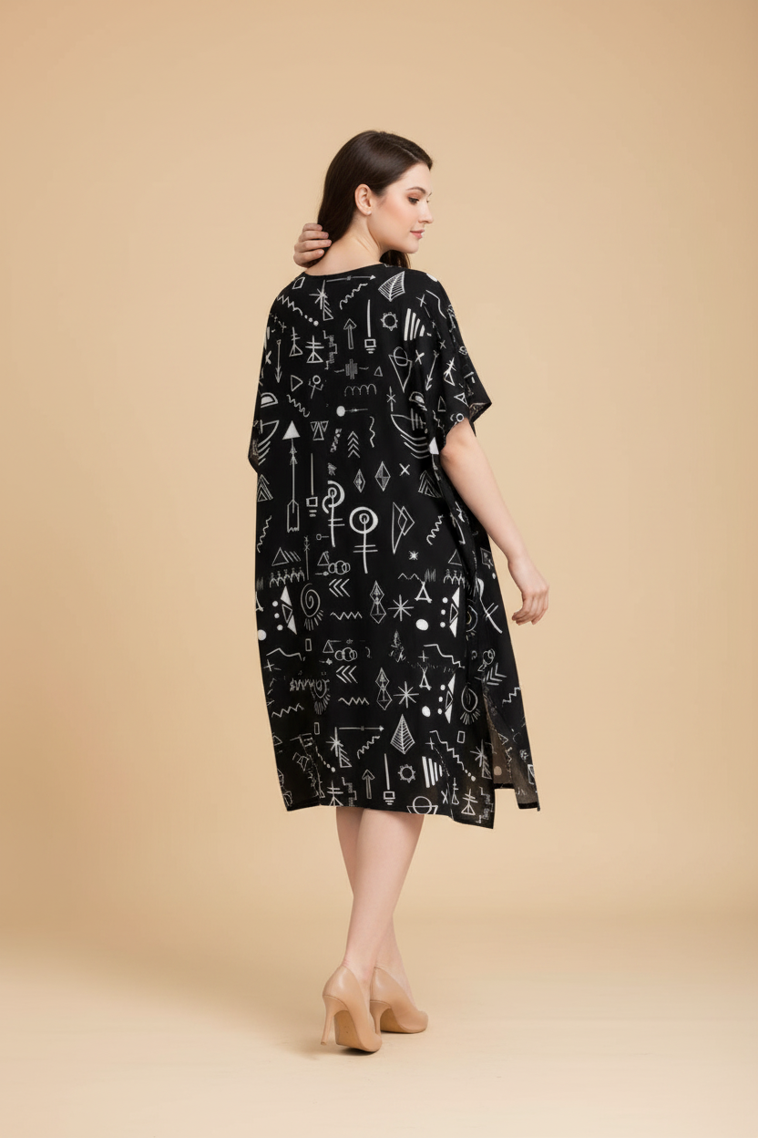 Snuggle Spot Black Color Geometric Pattern Women’s Satin Kaftan Dress | Abstract Printed Free Size Kaftan (M–3XL) | Lightweight Breathable Lounge Wear | Stylish V-Neck Maxi Kaftan