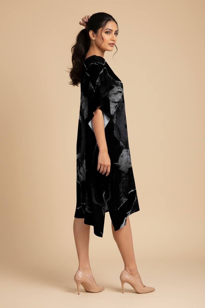 Snuggle Spot Black Stone Abstract Pattern Women’s Satin Kaftan Dress | Abstract Printed Free Size Kaftan (M–3XL) | Lightweight Breathable Lounge Wear | Stylish V-Neck Maxi Kaftan