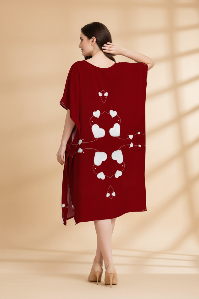 Snuggle Spot Red Floral Leafy Pattern Women’s Satin Kaftan Dress | Abstract Printed Free Size Kaftan (M–3XL) | Lightweight Breathable Lounge Wear | Stylish V-Neck Maxi Kaftan