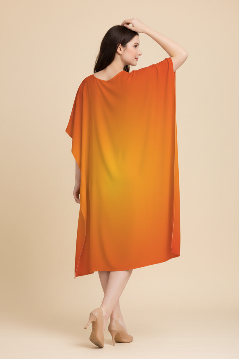 Snuggle Spot Orange Blue Ombre Pattern Women’s Satin Kaftan Dress | Abstract Printed Free Size Kaftan (M–3XL) | Lightweight Breathable Lounge Wear | Stylish V-Neck Maxi Kaftan