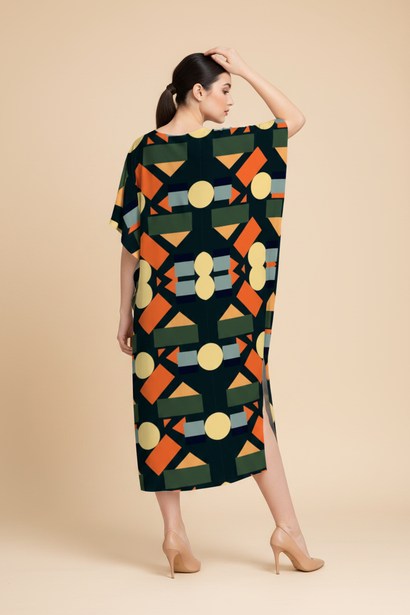 Snuggle Spot Black Orange Geometric Pattern Women’s Satin Kaftan Dress | Abstract Printed Free Size Kaftan (M–3XL) | Lightweight Breathable Lounge Wear | Stylish V-Neck Maxi Kaftan