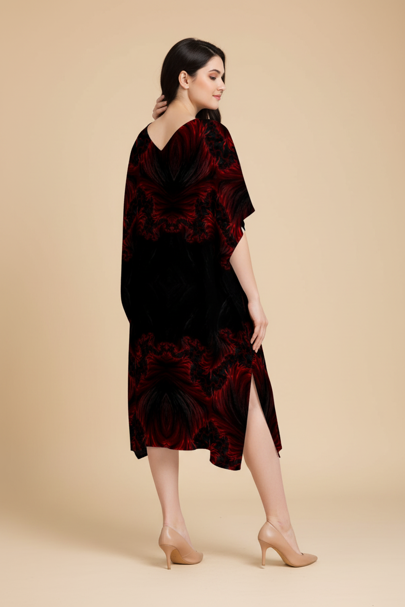 Snuggle Spot Black Red Abstract Pattern Women’s Satin Kaftan Dress | Abstract Printed Free Size Kaftan (M–3XL) | Lightweight Breathable Lounge Wear | Stylish V-Neck Maxi Kaftan