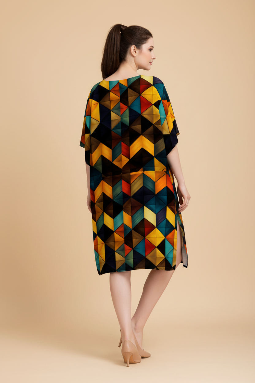 Snuggle Spot Kaleidoscopic Pattern Women’s Satin Kaftan Dress | Abstract Printed Free Size Kaftan (M–3XL) | Lightweight Breathable Lounge Wear | Stylish V-Neck Maxi Kaftan