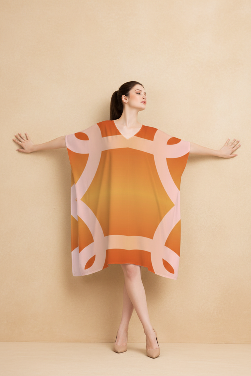 Snuggle Spot Orange Pink Abstract Pattern Women’s Satin Kaftan Dress | Abstract Printed Free Size Kaftan (M–3XL) | Lightweight Breathable Lounge Wear | Stylish V-Neck Maxi Kaftan