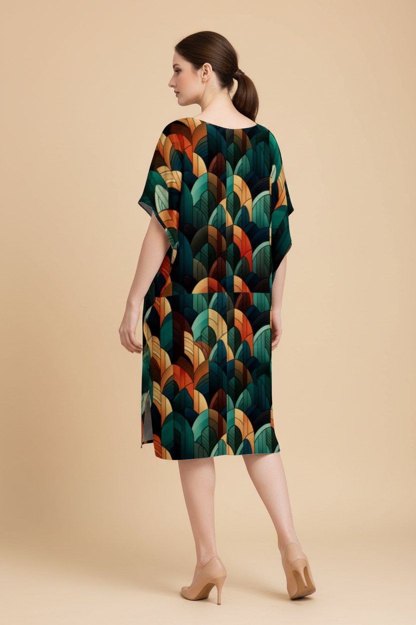 Snuggle Spot Leafy Abstract Pattern Women’s Satin Kaftan Dress | Abstract Printed Free Size Kaftan (M–3XL) | Lightweight Breathable Lounge Wear | Stylish V-Neck Maxi Kaftan