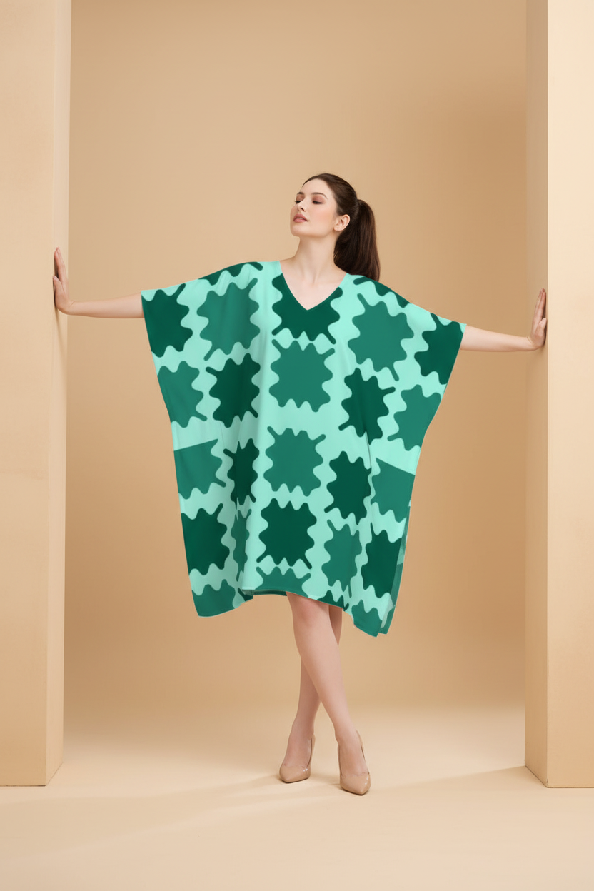 Snuggle Spot Green Cyan Geometric Pattern Women’s Satin Kaftan Dress | Abstract Printed Free Size Kaftan (M–3XL) | Lightweight Breathable Lounge Wear | Stylish V-Neck Maxi Kaftan