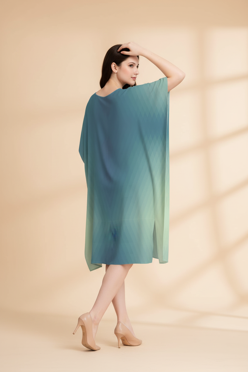 Snuggle Spot Bluish Ombre Pattern Women’s Satin Kaftan Dress | Abstract Printed Free Size Kaftan (M–3XL) | Lightweight Breathable Lounge Wear | Stylish V-Neck Maxi Kaftan