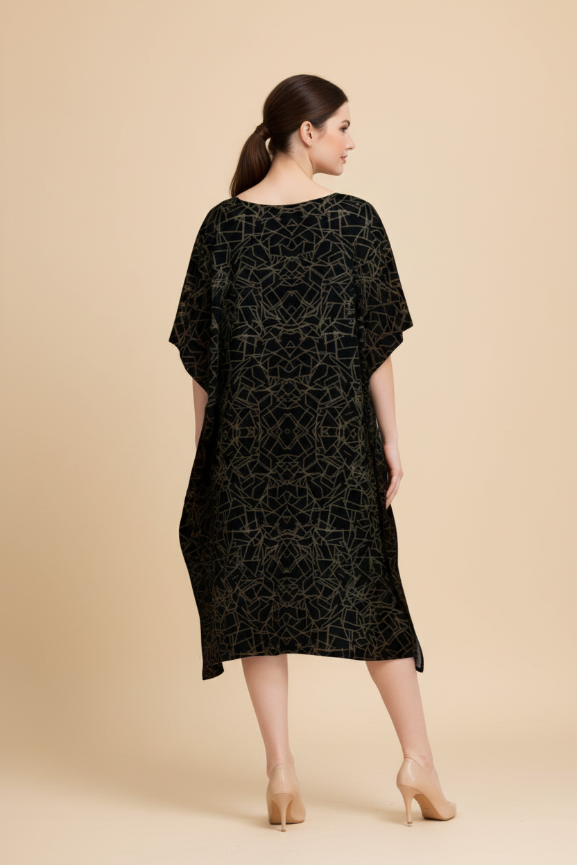 Snuggle Spot Black Line Abstract Pattern Women’s Satin Kaftan Dress | Abstract Printed Free Size Kaftan (M–3XL) | Lightweight Breathable Lounge Wear | Stylish V-Neck Maxi Kaftan