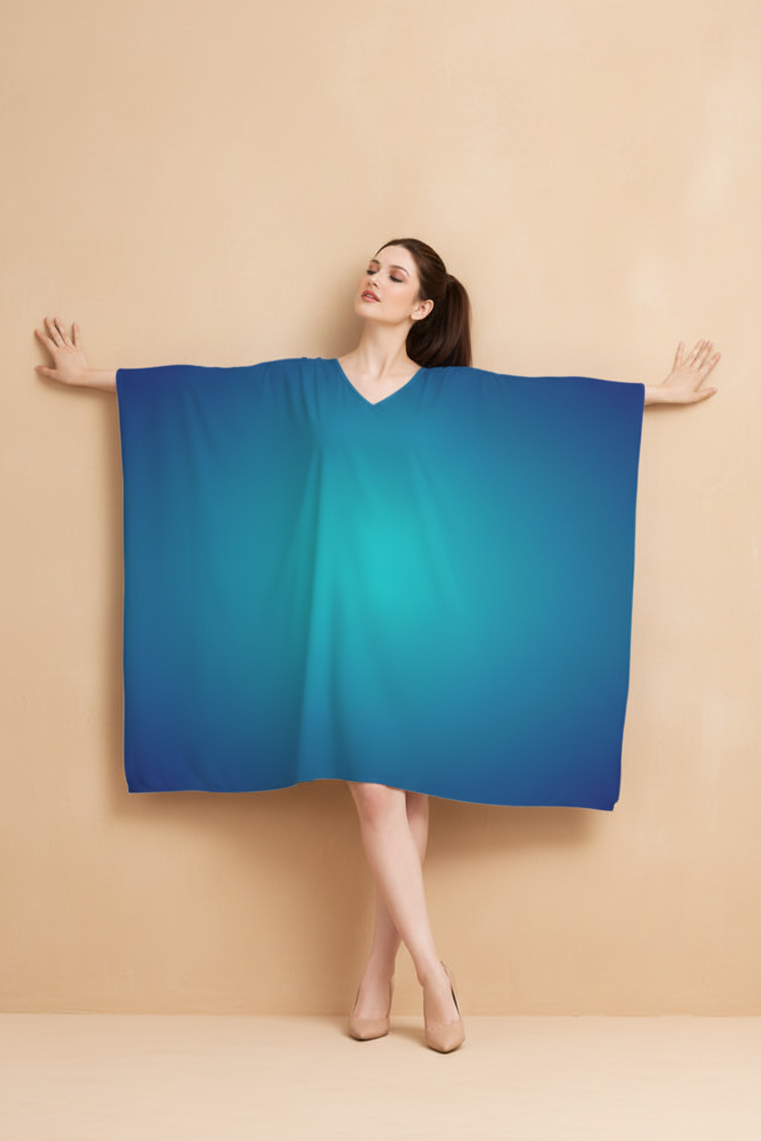Snuggle Spot Sky Blue Ombre Pattern Women’s Satin Kaftan Dress | Abstract Printed Free Size Kaftan (M–3XL) | Lightweight Breathable Lounge Wear | Stylish V-Neck Maxi Kaftan