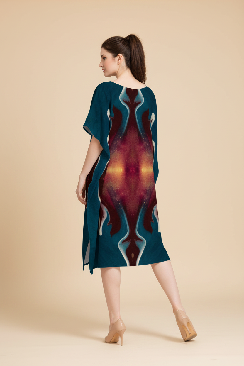 Snuggle Spot Blue Maroon Abstract Pattern Women’s Satin Kaftan Dress | Abstract Printed Free Size Kaftan (M–3XL) | Lightweight Breathable Lounge Wear | Stylish V-Neck Maxi Kaftan