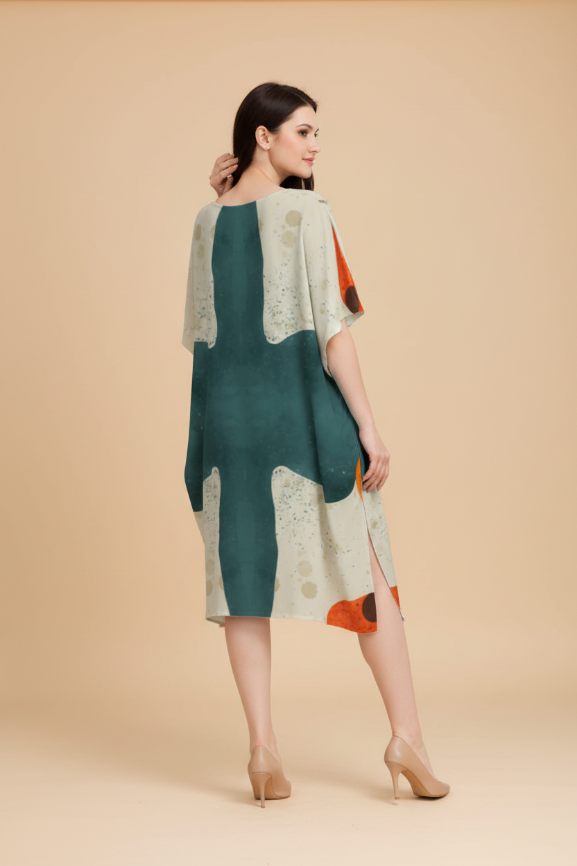Snuggle Spot Abstract Design Women’s Satin Kaftan Dress | Abstract Printed Free Size Kaftan (M–3XL) | Lightweight Breathable Lounge Wear | Stylish V-Neck Maxi Kaftan