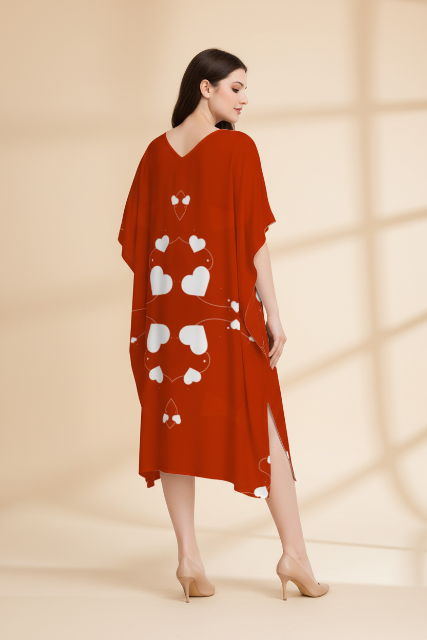 Snuggle Spot Red Floral Heart Shaped Women’s Satin Kaftan Dress | Abstract Printed Free Size Kaftan (M–3XL) | Lightweight Breathable Lounge Wear | Stylish V-Neck Maxi Kaftan