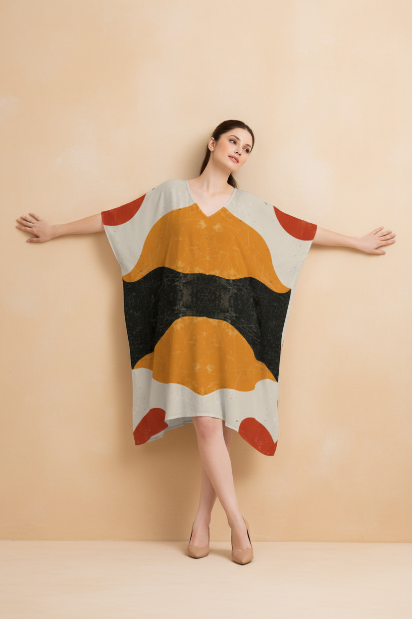 Snuggle Spot Minimal Abstract Design Women’s Satin Kaftan Dress | Abstract Printed Free Size Kaftan (M–3XL) | Lightweight Breathable Lounge Wear | Stylish V-Neck Maxi Kaftan