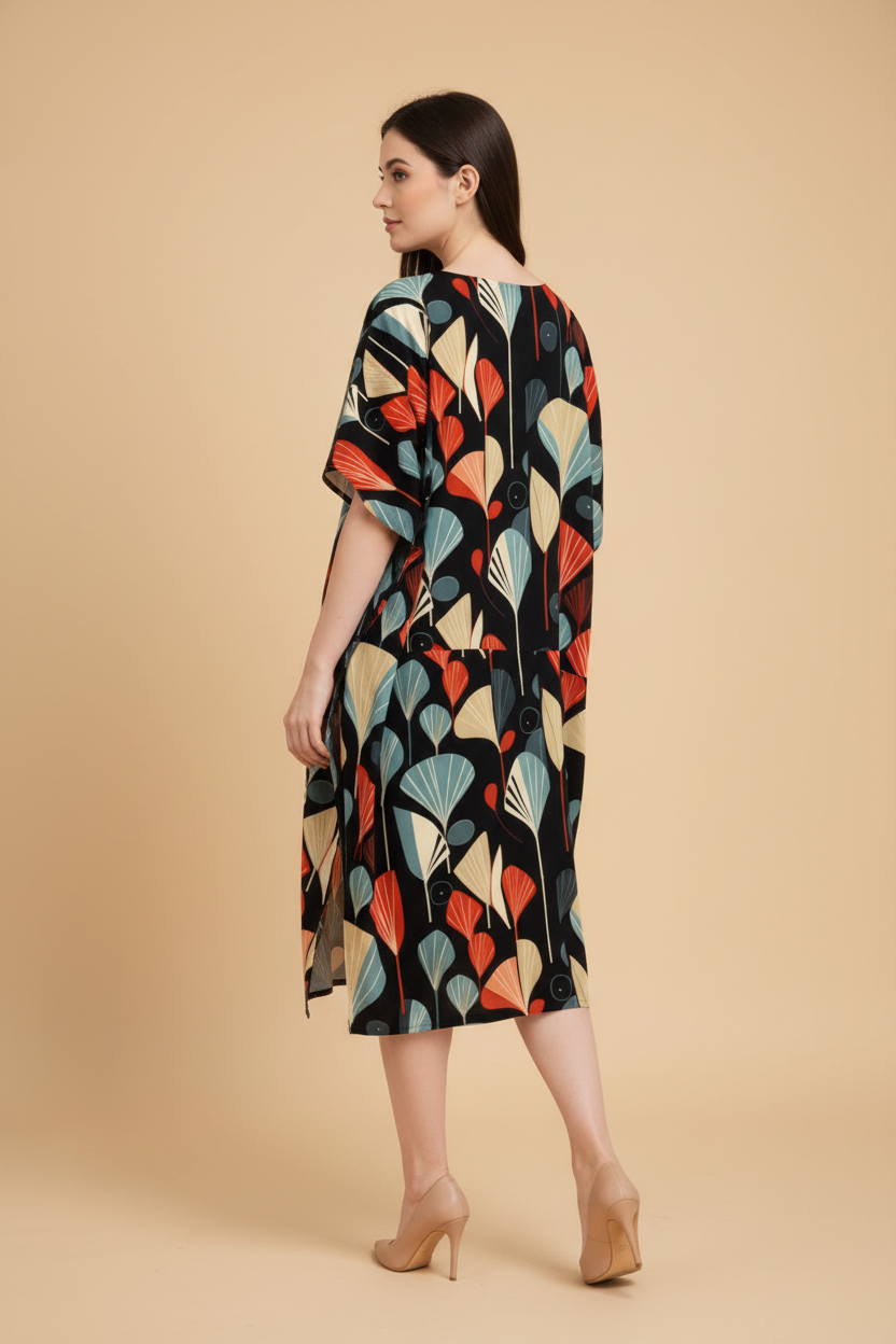 Snuggle Spot Floral Abstract Pattern Women’s Satin Kaftan Dress | Abstract Printed Free Size Kaftan (M–3XL) | Lightweight Breathable Lounge Wear | Stylish V-Neck Maxi Kaftan