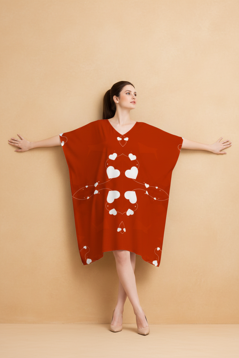 Snuggle Spot Red Floral Heart Shaped Women’s Satin Kaftan Dress | Abstract Printed Free Size Kaftan (M–3XL) | Lightweight Breathable Lounge Wear | Stylish V-Neck Maxi Kaftan