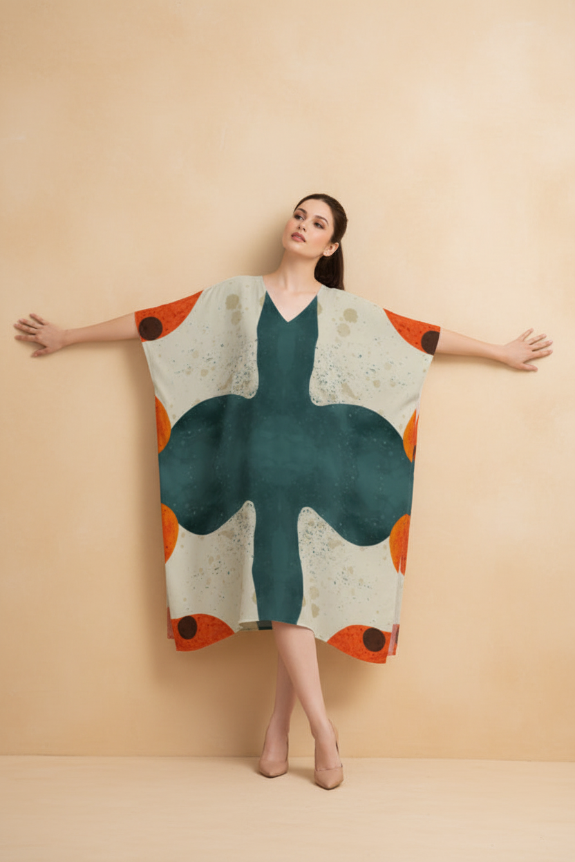 Snuggle Spot Abstract Design Women’s Satin Kaftan Dress | Abstract Printed Free Size Kaftan (M–3XL) | Lightweight Breathable Lounge Wear | Stylish V-Neck Maxi Kaftan