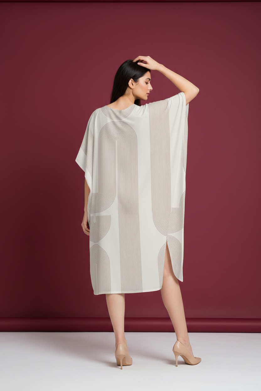 Snuggle Spot Ivory Geometric Pattern Women’s Satin Kaftan Dress | Abstract Printed Free Size Kaftan (M–3XL) | Lightweight Breathable Lounge Wear | Stylish V-Neck Maxi Kaftan