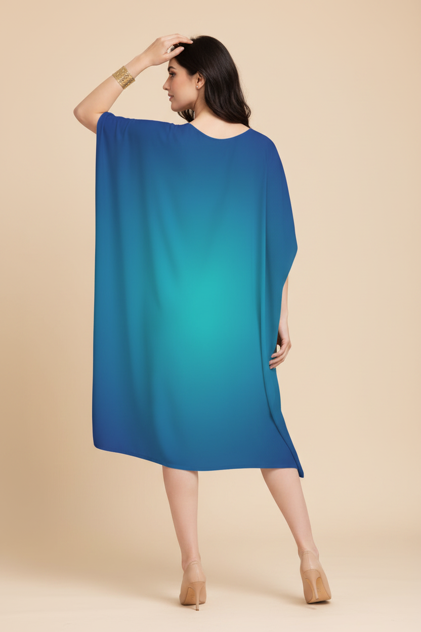 Snuggle Spot Sky Blue Ombre Pattern Women’s Satin Kaftan Dress | Abstract Printed Free Size Kaftan (M–3XL) | Lightweight Breathable Lounge Wear | Stylish V-Neck Maxi Kaftan
