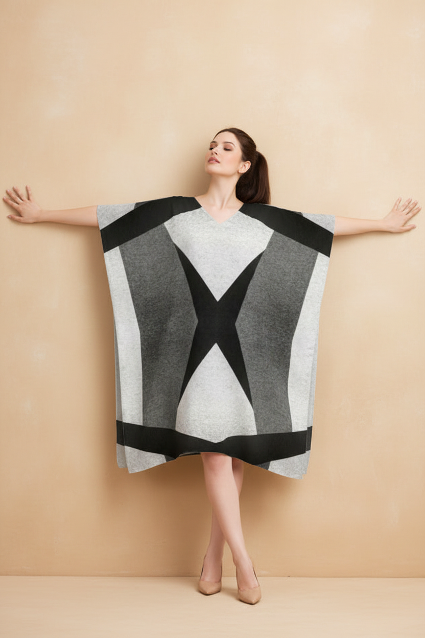 Snuggle Spot Black and White Abstract Pattern Women’s Satin Kaftan Dress | Abstract Printed Free Size Kaftan (M–3XL) | Lightweight Breathable Lounge Wear | Stylish V-Neck Maxi Kaftan