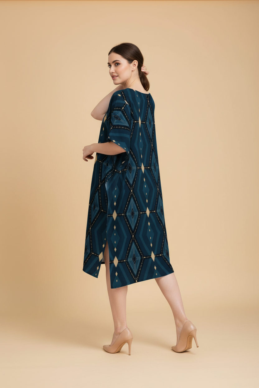 Snuggle Spot Navy Blue Women’s Satin Kaftan Dress | Abstract Printed Free Size Kaftan (M–3XL) | Lightweight Breathable Lounge Wear | Stylish V-Neck Maxi Kaftan