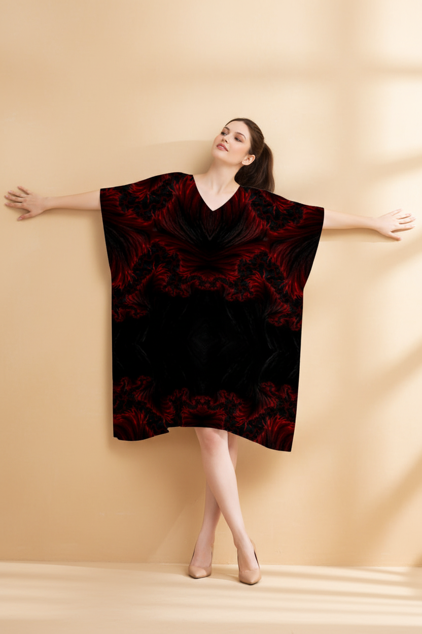 Snuggle Spot Black Red Abstract Pattern Women’s Satin Kaftan Dress | Abstract Printed Free Size Kaftan (M–3XL) | Lightweight Breathable Lounge Wear | Stylish V-Neck Maxi Kaftan