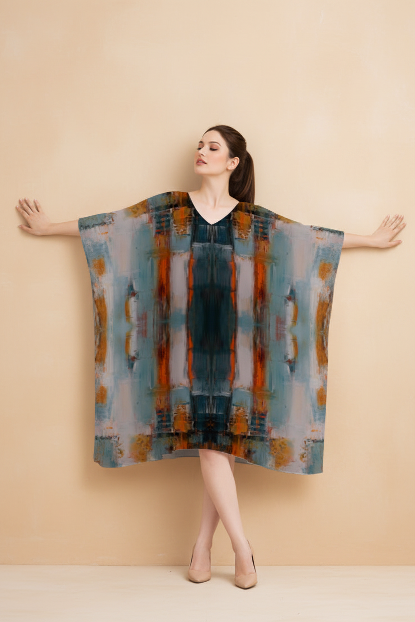 Snuggle Spot Abstract Pattern Women’s Satin Kaftan Dress | Abstract Printed Free Size Kaftan (M–3XL) | Lightweight Breathable Lounge Wear | Stylish V-Neck Maxi Kaftan