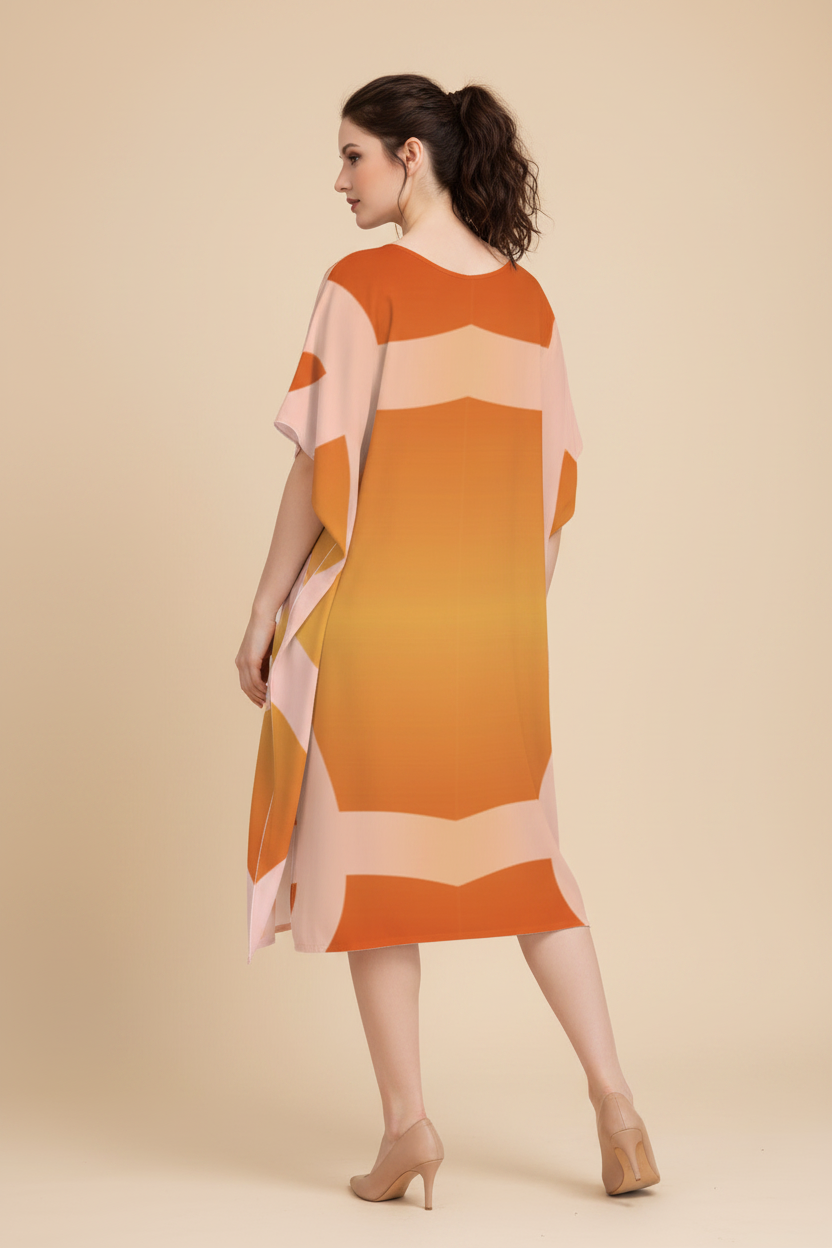 Snuggle Spot Orange Pink Abstract Pattern Women’s Satin Kaftan Dress | Abstract Printed Free Size Kaftan (M–3XL) | Lightweight Breathable Lounge Wear | Stylish V-Neck Maxi Kaftan