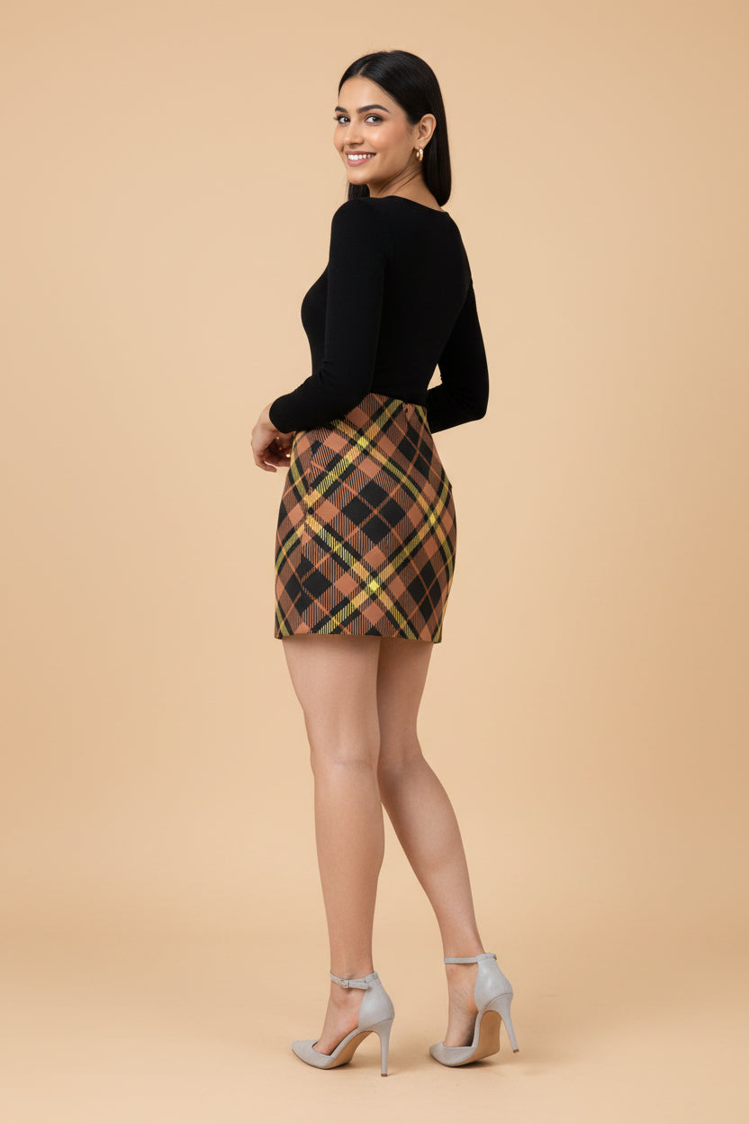 Snuggle Spot Brown Black Checked Pattern Women’s Premium Poly-Spandex Mini Skirt | Stretchable, Wrinkle-Free, Mid-Rise Fit | Everyday & Streetwear Essential