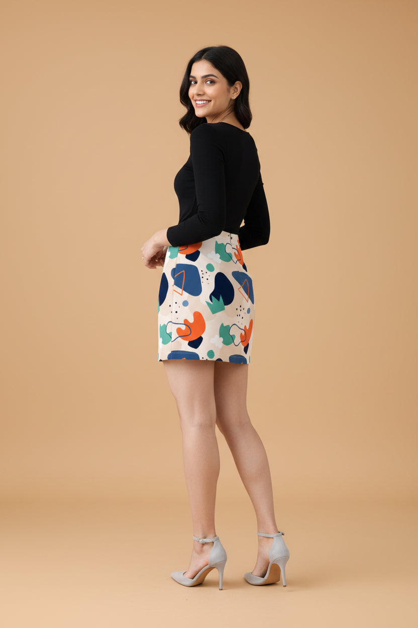 Snuggle Spot Multi shape Design Pattern Women’s Premium Poly-Spandex Mini Skirt | Stretchable, Wrinkle-Free, Mid-Rise Fit | Everyday & Streetwear Essential
