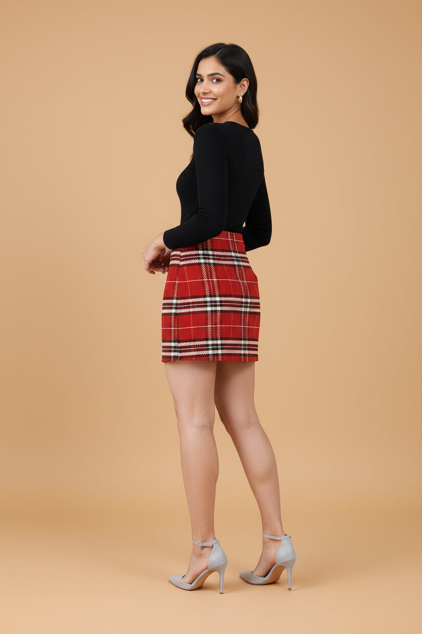 Snuggle Spot Red Checked Pattern Women’s Premium Poly-Spandex Mini Skirt | Stretchable, Wrinkle-Free, Mid-Rise Fit | Everyday & Streetwear Essential