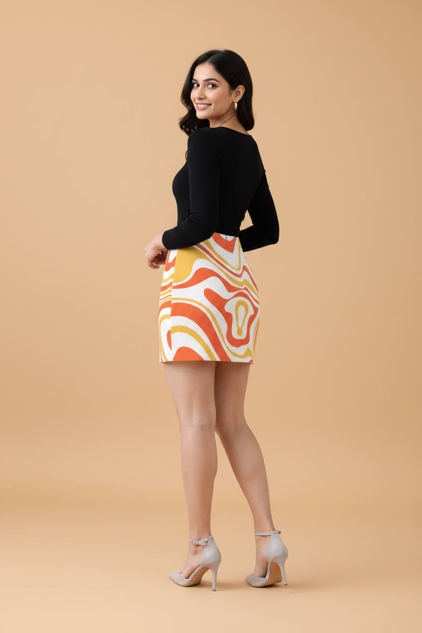 Snuggle Spot Orange Yellow Abstract Pattern Women’s Premium Poly-Spandex Mini Skirt | Stretchable, Wrinkle-Free, Mid-Rise Fit | Everyday & Streetwear Essential
