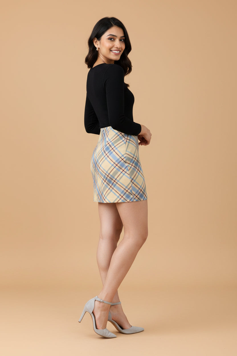 Snuggle Spot Beige Blue Checked Pattern Women’s Premium Poly-Spandex Mini Skirt | Stretchable, Wrinkle-Free, Mid-Rise Fit | Everyday & Streetwear Essential