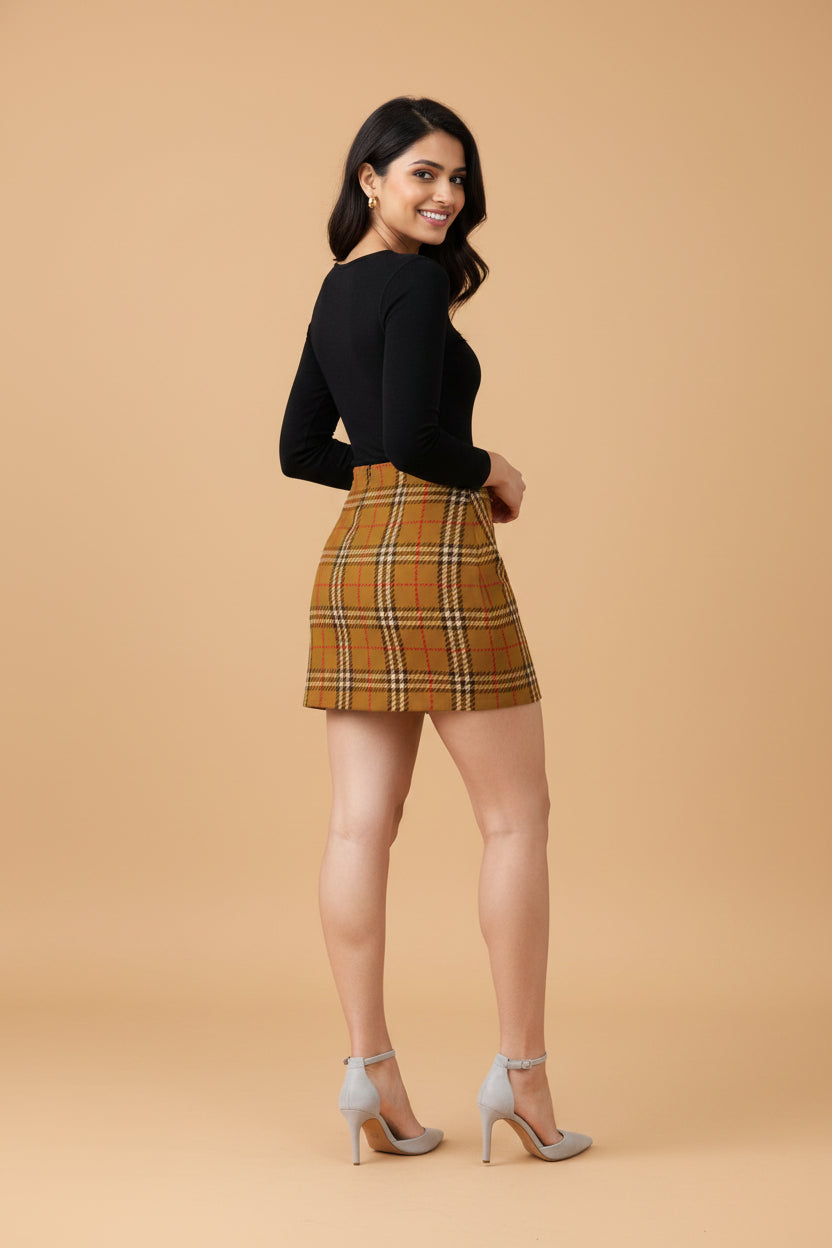 Snuggle Spot Golden Yellow Checked Pattern Women’s Premium Poly-Spandex Mini Skirt | Stretchable, Wrinkle-Free, Mid-Rise Fit | Everyday & Streetwear Essential