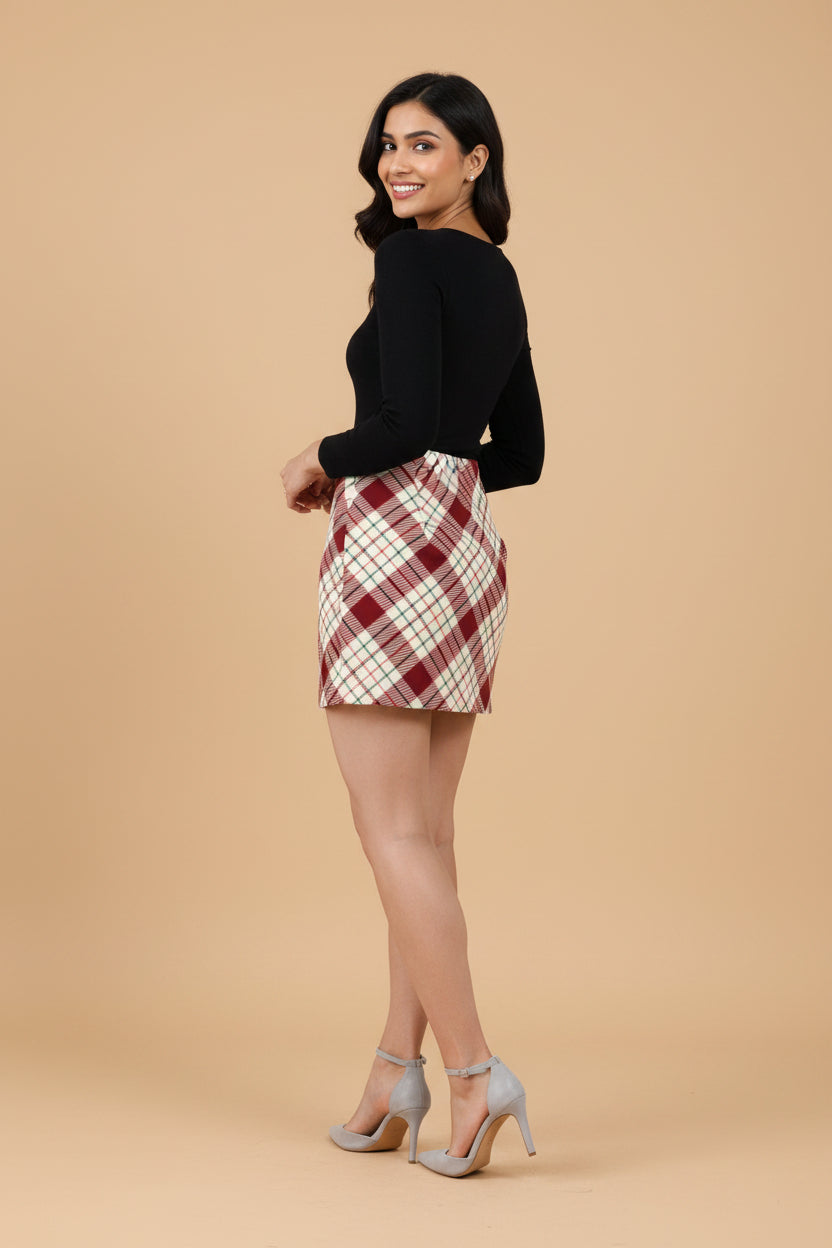 Snuggle Spot White Red Checked Pattern Women’s Premium Poly-Spandex Mini Skirt | Stretchable, Wrinkle-Free, Mid-Rise Fit | Everyday & Streetwear Essential