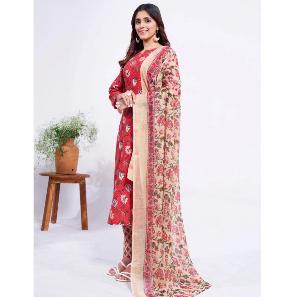 Snuggle Spot Women's Cotton Blend Printed Kurti With Pant Dupatta Set (Red)