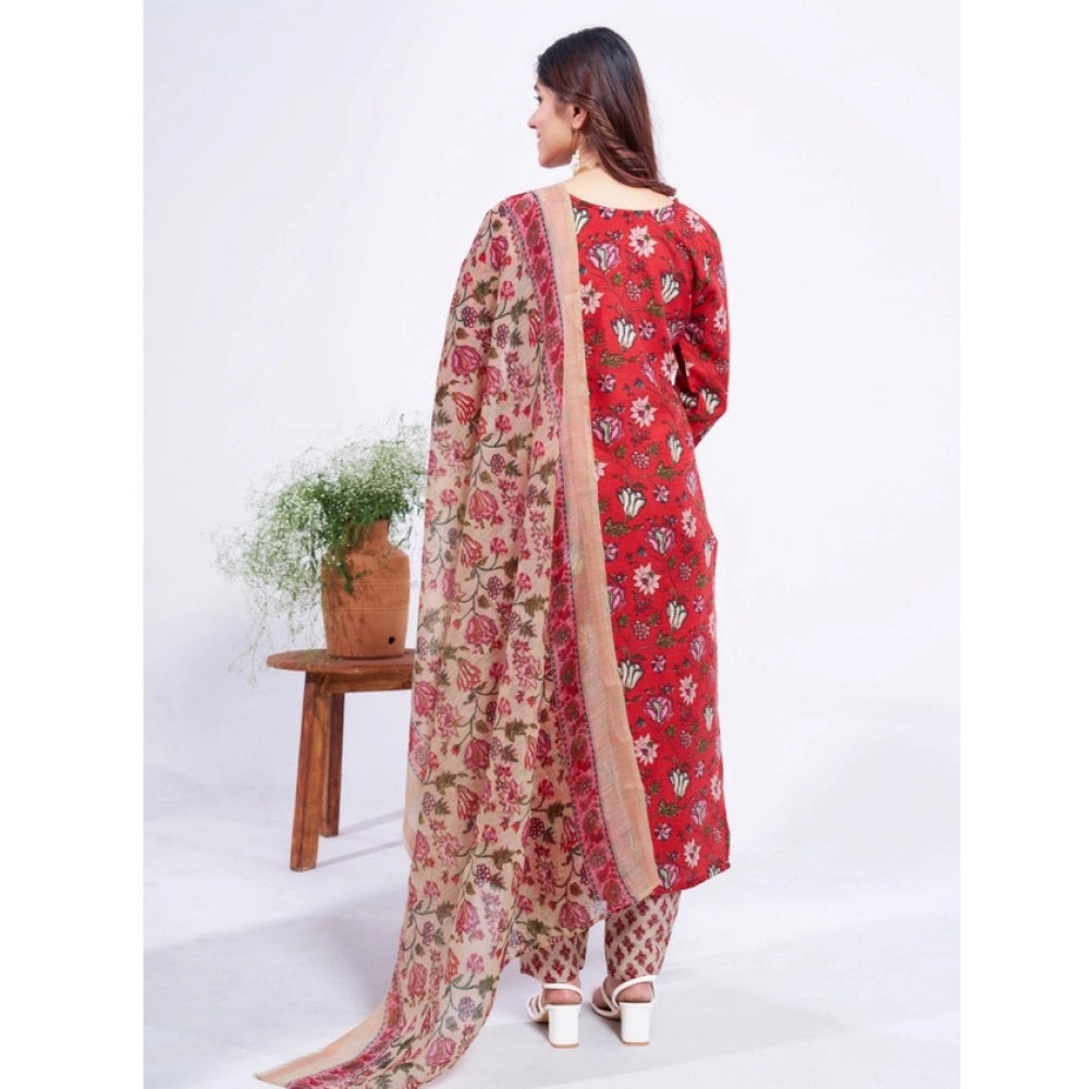 Snuggle Spot Women's Cotton Blend Printed Kurti With Pant Dupatta Set (Red)