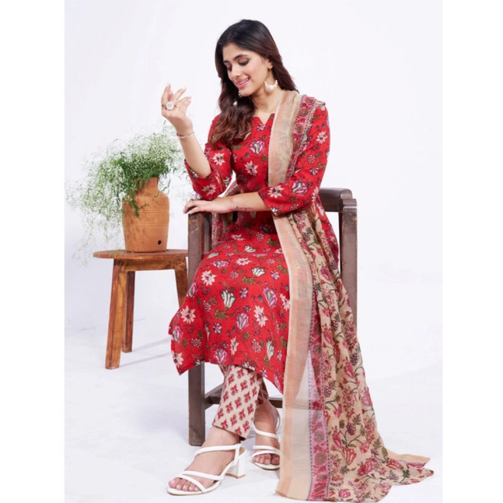 Snuggle Spot Women's Cotton Blend Printed Kurti With Pant Dupatta Set (Red)
