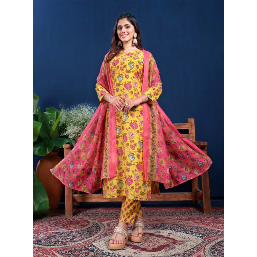 Snuggle Spot Women's Cotton Blend Printed Kurti With Pant Dupatta Set (Yellow)