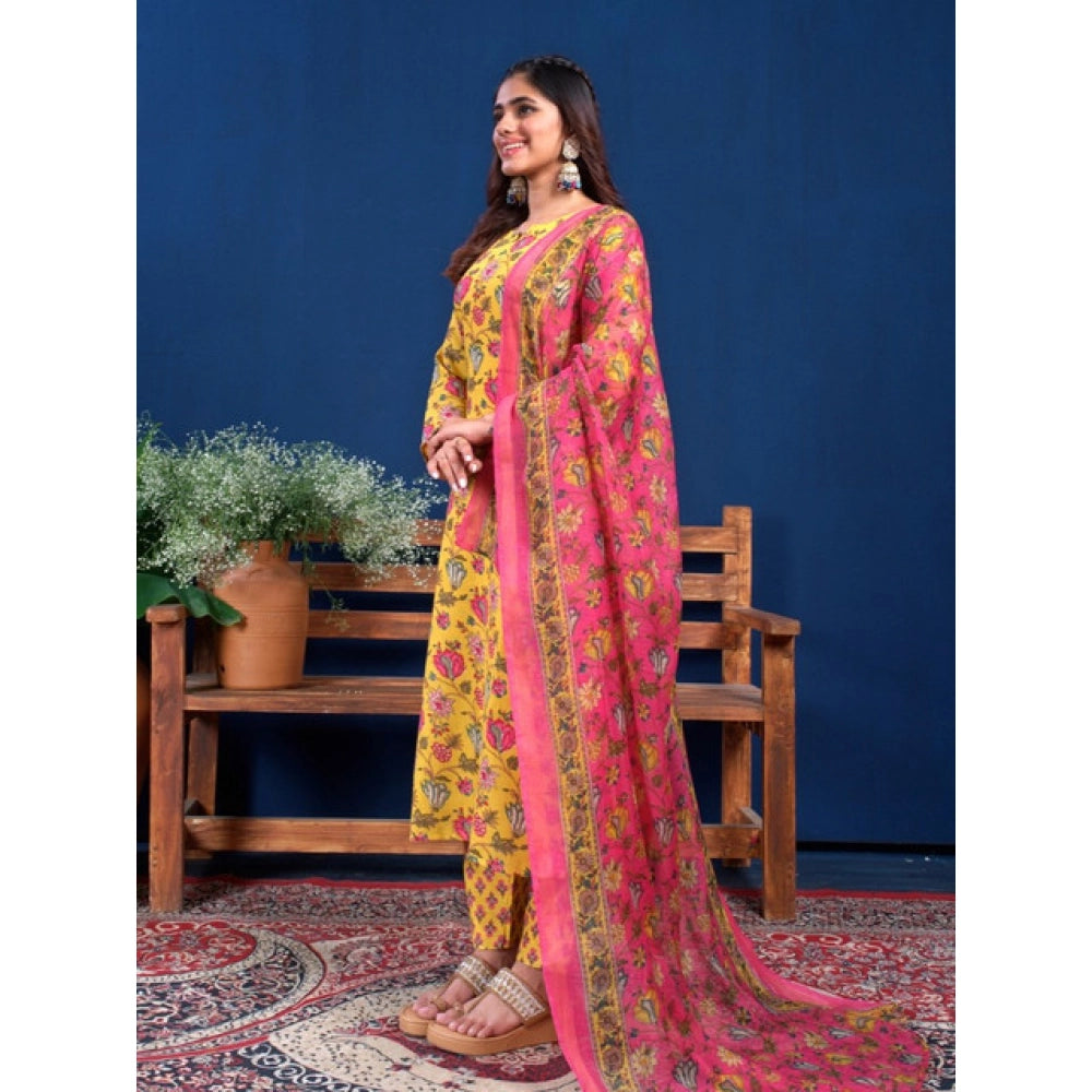 Snuggle Spot Women's Cotton Blend Printed Kurti With Pant Dupatta Set (Yellow)