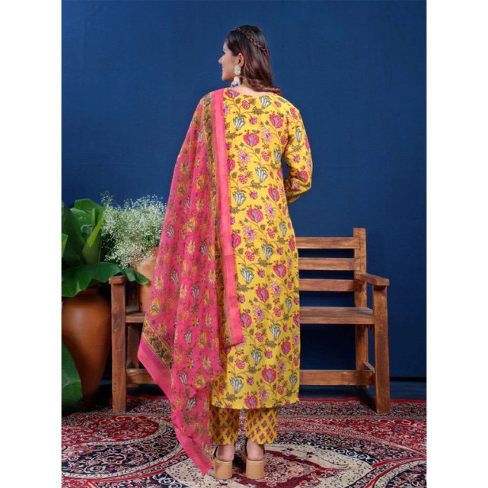 Snuggle Spot Women's Cotton Blend Printed Kurti With Pant Dupatta Set (Yellow)