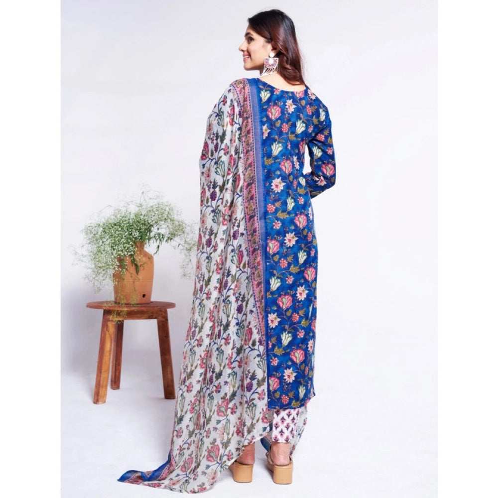 Snuggle Spot Women's Cotton Blend Printed Kurti With Pant Dupatta Set (Blue)
