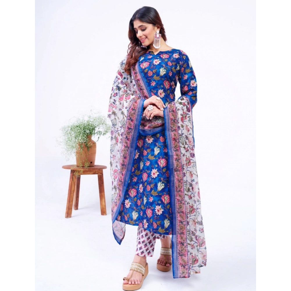 Snuggle Spot Women's Cotton Blend Printed Kurti With Pant Dupatta Set (Blue)
