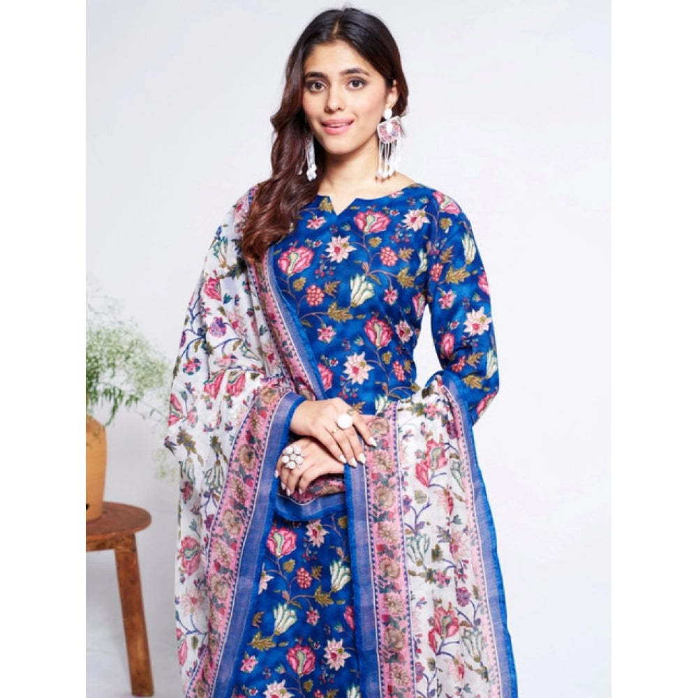 Snuggle Spot Women's Cotton Blend Printed Kurti With Pant Dupatta Set (Blue)