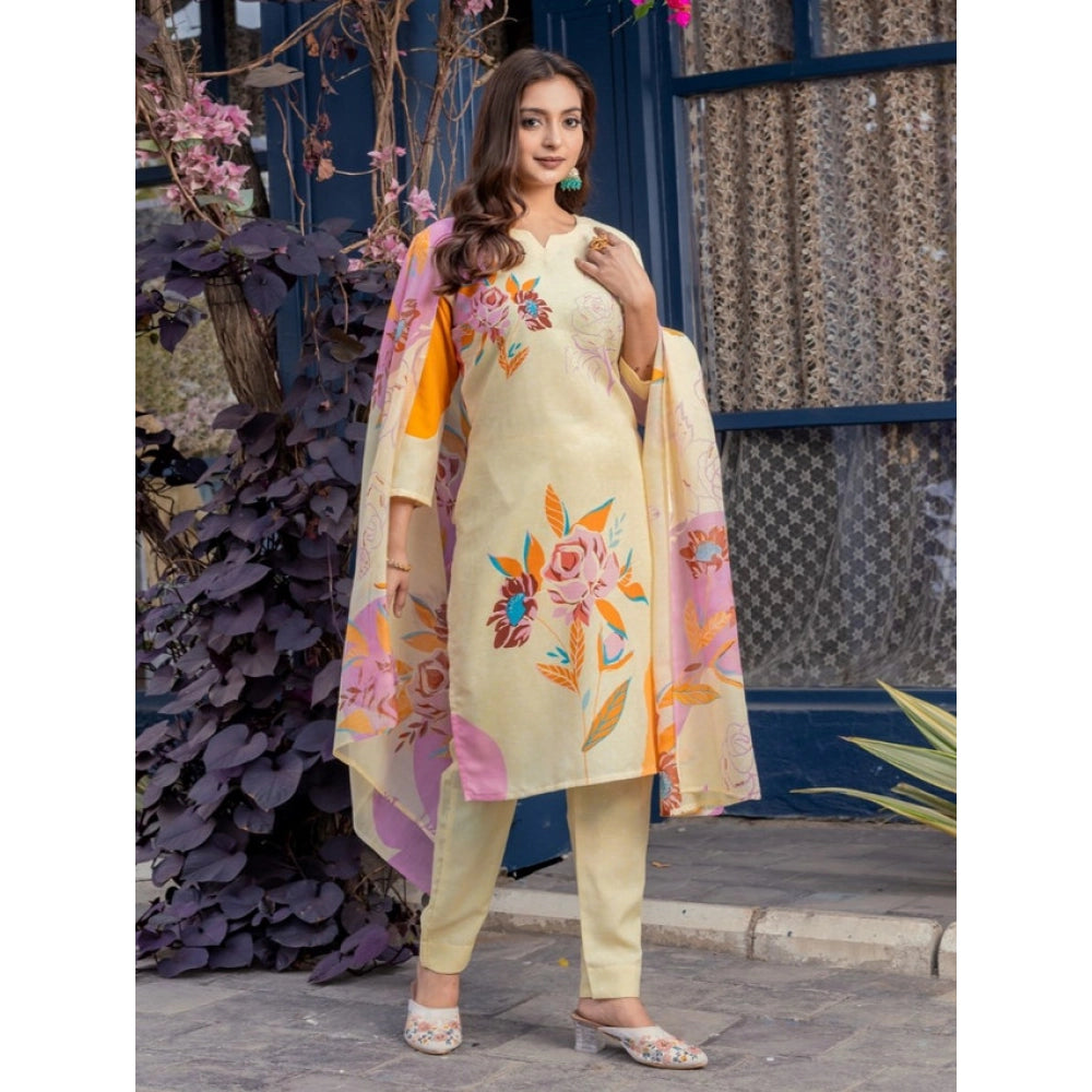 Snuggle Spot Women's Cotton Blend Printed Kurti With Pant Dupatta Set (Cream)